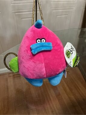 GoDog Grumpy Fat Dino Chew Guard Squeaky Plush Dog Toy Green Pink 9”